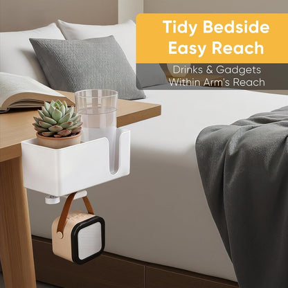 4-in-1 Clip On Desk Cup Holder, Fits up to 40oz cups - Mountable Holder with Adjustable Divider & 360° Rotating Hook - No Spill Clamp On Drink Holder Attachment - for Desk Chair Table Bed Tray - Black