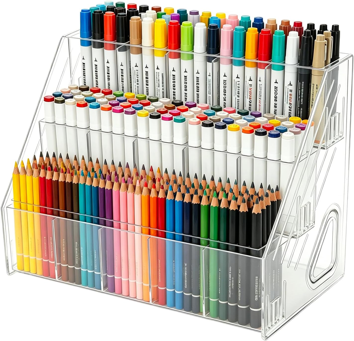 3-Tier Acrylic Desk Organizer, Multi-Slot Marker & Pen Storage Holder, Clear Vertical Desktop Stationery Rack for Small Art Supplies, Compact Office & Home Workspace Organizer