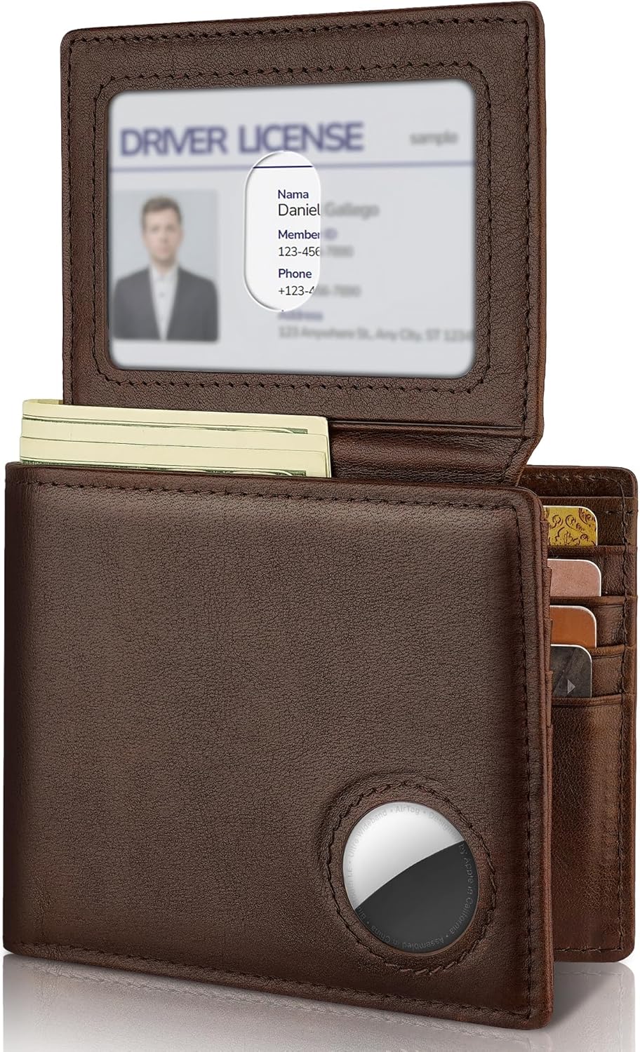 Mens Wallet With AirTag Holder, Bifold Leather RFID Blocking 1-2 ID Windows 12-13 Card Holders, Gift Box and Screen Protector Included, AirTag Not Included