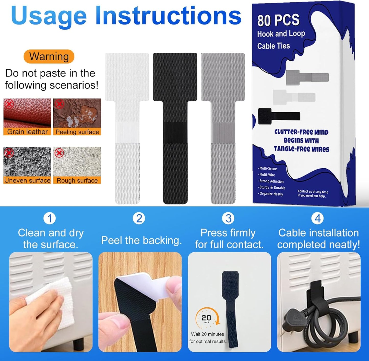 80Pcs Hook and Loop Cable Ties Under Desk Cable Management Adhesive Strips for Cord Hider Wire Organizer Computer Accessories for Desk Home Office Organization Essentials - 40 Black + 40 White