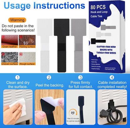 80Pcs Hook and Loop Cable Ties Under Desk Cable Management Adhesive Strips for Cord Hider Wire Organizer Computer Accessories for Desk Home Office Organization Essentials - 40 Black + 40 White