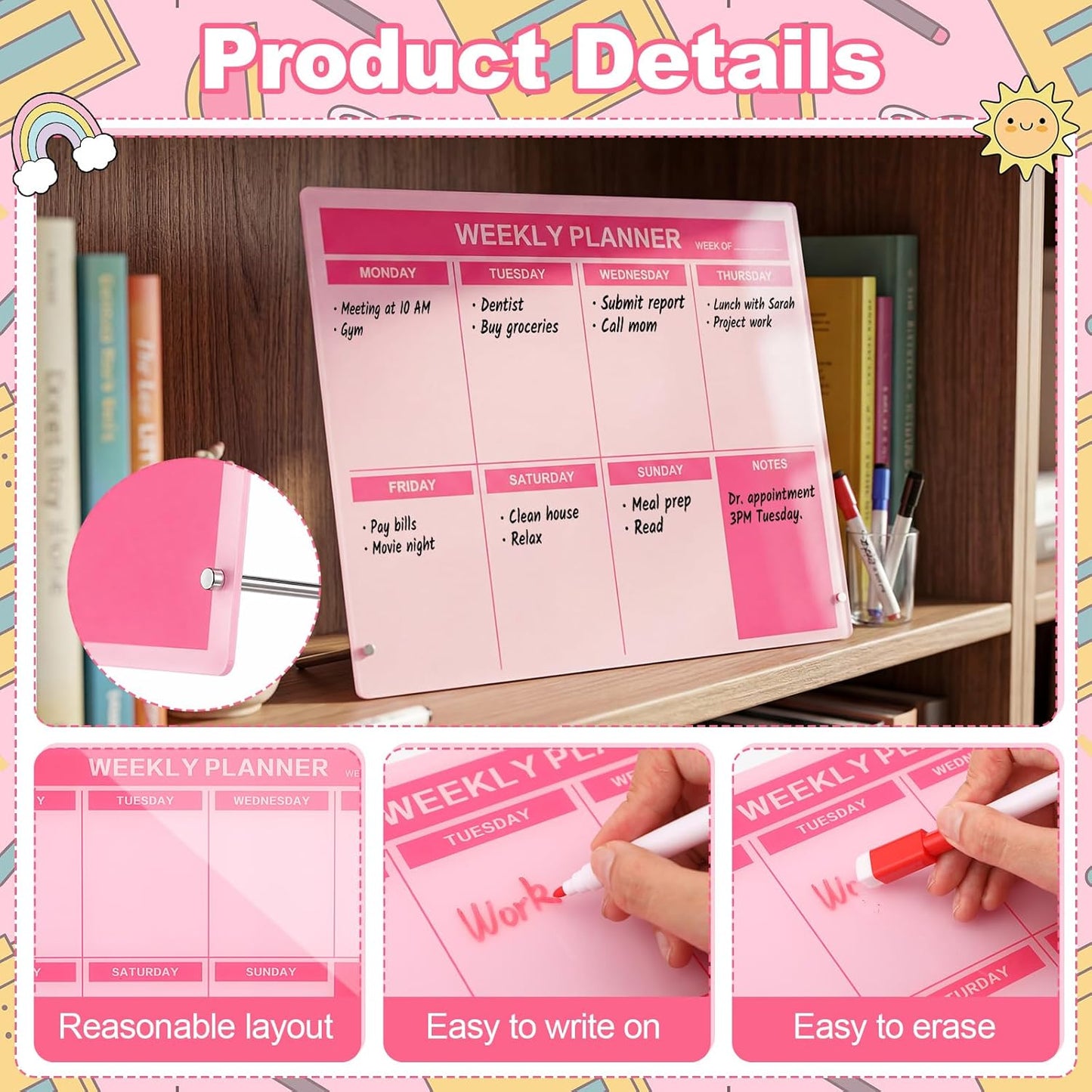 Desktop Acrylic Weekly Planner Board Acrylic Calendar Dry Erase Board with Stand to Do List Planner Boards with Daily Schedule and Markers for Family Home Office(Sage Green)