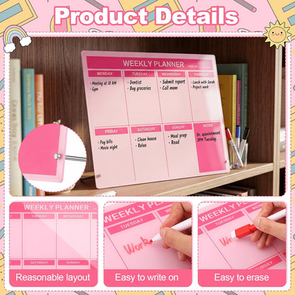 Desktop Acrylic Weekly Planner Board Acrylic Calendar Dry Erase Board with Stand to Do List Planner Boards with Daily Schedule and Markers for Family Home Office(Sage Green)