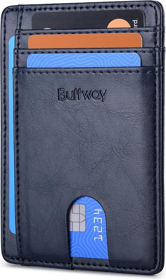 Buffway Slim Minimalist Front Pocket RFID Blocking Leather Wallets for Men and Women - Carbon Fiber Black - Colors B