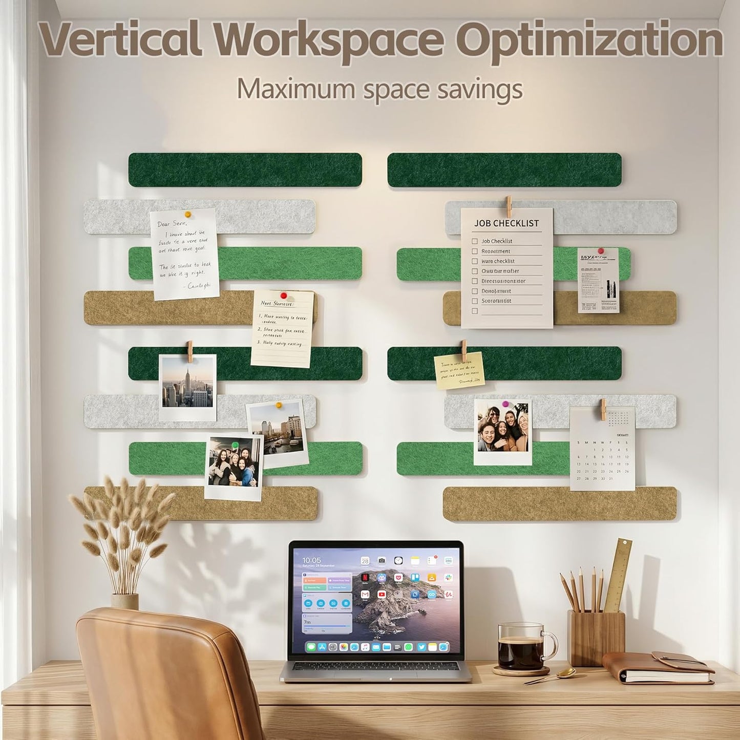 Cork Board for Walls - 8 Pack Felt Pin Board Bar Strips - Self-Adhesive Lightweight Bulletin Board - Cork Board for Office with 40 Push Pins No Damage for Wall