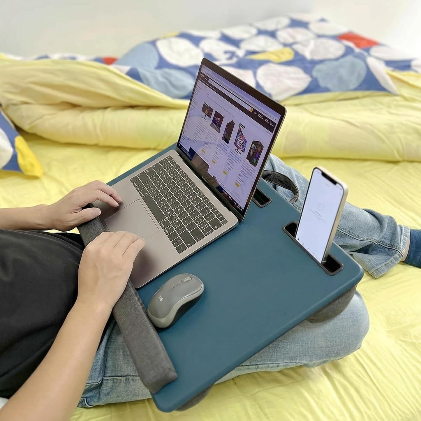Lap Desk Home Office Lap Desk Portable Laptop Desk for Left Right - Handers with Whole Mouse Pad Wrist Pad Dual Cushion Phone Tablet Slots Fits Up to 17 Inch Laptops