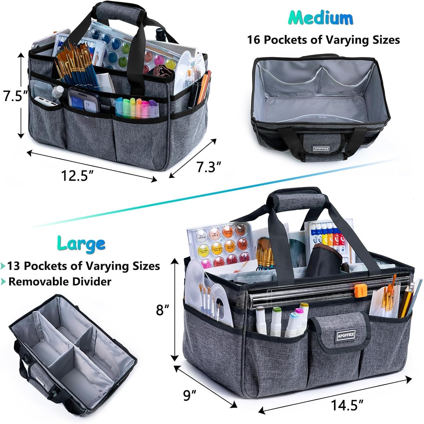 Art Supply Organizer Tote Bag – Craft Caddy with Handle, Utility Storage Tote with Multiple Pockets & Adjustable Divider for Stationary, Sewing, Scrapbooking, School, Office, Medical Supplies