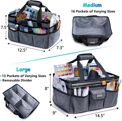 Art Supply Organizer Tote Bag – Craft Caddy with Handle, Utility Storage Tote with Multiple Pockets & Adjustable Divider for Stationary, Sewing, Scrapbooking, School, Office, Medical Supplies