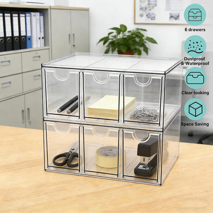 Prsildan Acrylic Drawer Makeup Organizer with 6 Drawers (Not for Baby Bottle), Set of 2 Office Desk Organizers Accessories, Clear Stackable Storage Drawers for Vanity, Craft (Largest Drawer 4" Tall)