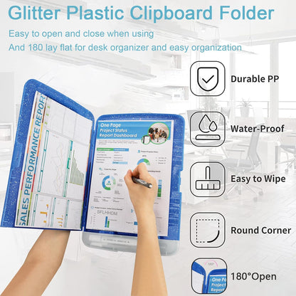 Glitter Clipboard with Storage,Storage Clipboard with Pen Holder,A4 Binder Clip Boards 8.5x11 with Low Profile Clip,Side Opening Sparkle Clipboards, Clipboards Folder for Office Supplies-Starry Black