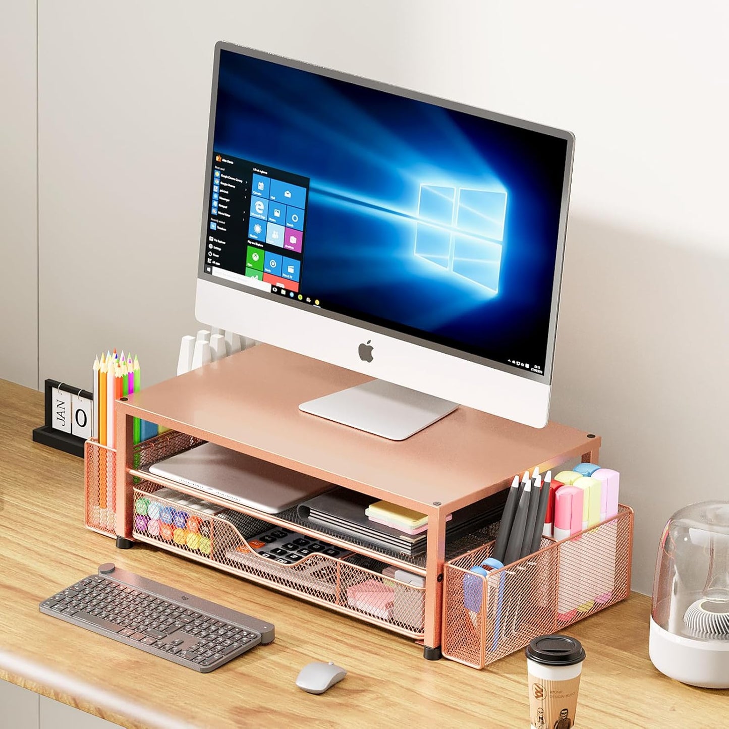 OPNICE Wood Desk Organizers and Accessories, 2-Tier Computer Monitor Stand Riser with Drawer and 2 Pen Holders, Laptop Stand, Office Desk Accessories for Office Supplies, Brown