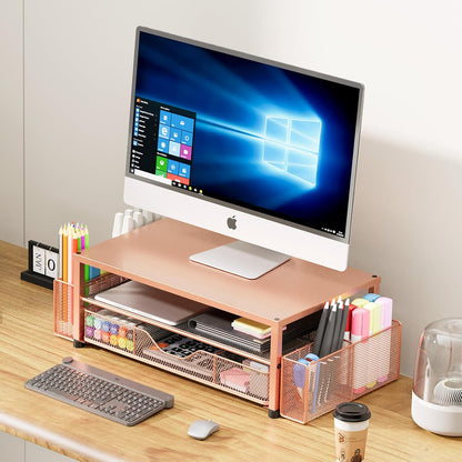 OPNICE Wood Desk Organizers and Accessories, 2-Tier Computer Monitor Stand Riser with Drawer and 2 Pen Holders, Laptop Stand, Office Desk Accessories for Office Supplies, Brown