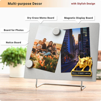 Magnetic Bulletin Board with Stand – Small Dry Erase Memo Board – Tabletop Metal Easel for Magnet Display – 10x8 Inches + 2 Magnets
