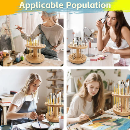 360 Degree Friction-Free Rotating Paint Brush Holder, 52 Multi-Size Hole Natural Hardwood Storage Stand, Space-Saving Desktop Organizer for Artist, Watercolor, Makeup Brushes and Craft Tools (brown)