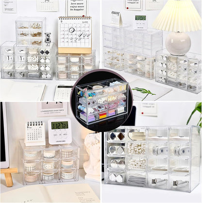 Desk Storage Organizer with 16 Mini Drawers, FODIENS Stackable Desktop Craft Drawer Cabinet, Clear Storage Box Caddy for Makeup Jewelry Office Craft Supplies