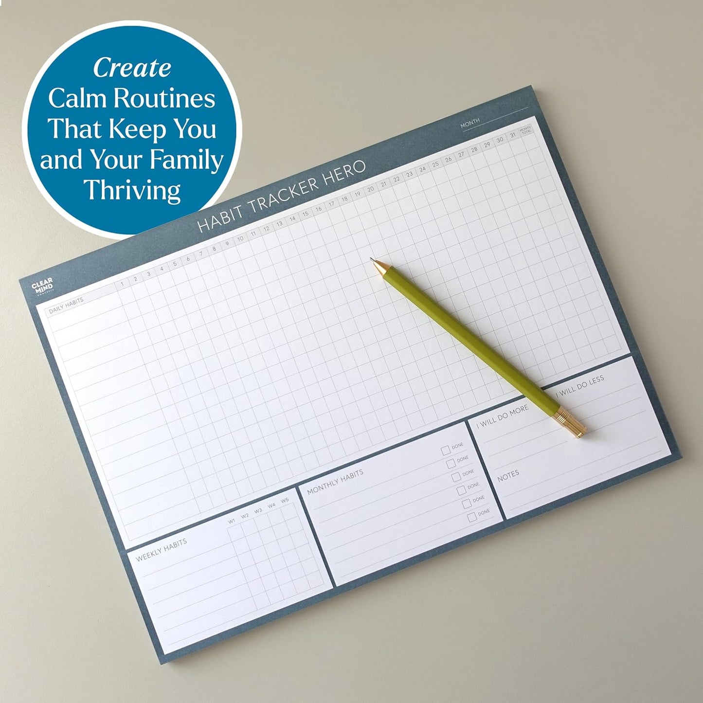 Habit Tracker Hero Desk Pad by Clear Mind Concepts® – 24 Monthly Undated Tear-Off Sheets - 160gsm Thick Paper - Includes Daily & Weekly Sections - A4 Size (Grey Blue, A4 Landscape)