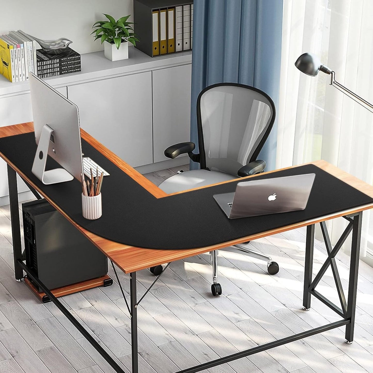 MAIDERN (51” + 51”) x 15.7” L Shaped Corner Desk Mat, Cork & Leather Reversible Desk Pad for Gaming Computer Office Home (Black) …