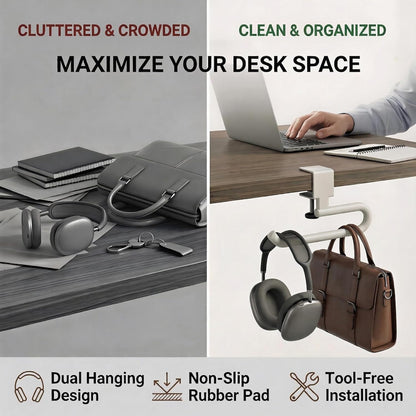 Desk Hook & Bag Hooks for Tables, Anti-Slip 60LB Heavy Duty Clamp-On Backpack Hanger, Extended Clearance Bag Holder for Desk for Office & Gaming, Adjustable (0.19-1.57in) (White)