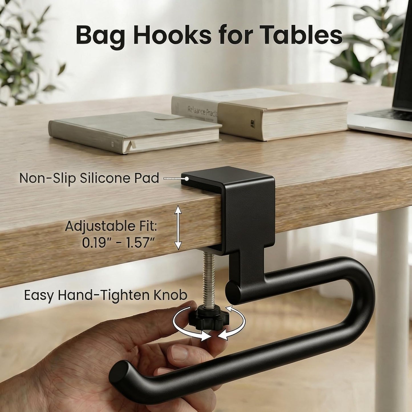 Desk Hook & Bag Hooks for Tables, Anti-Slip 60LB Heavy Duty Clamp-On Backpack Hanger, Extended Clearance Bag Holder for Desk for Office & Gaming, Adjustable (0.19-1.57in) (White)