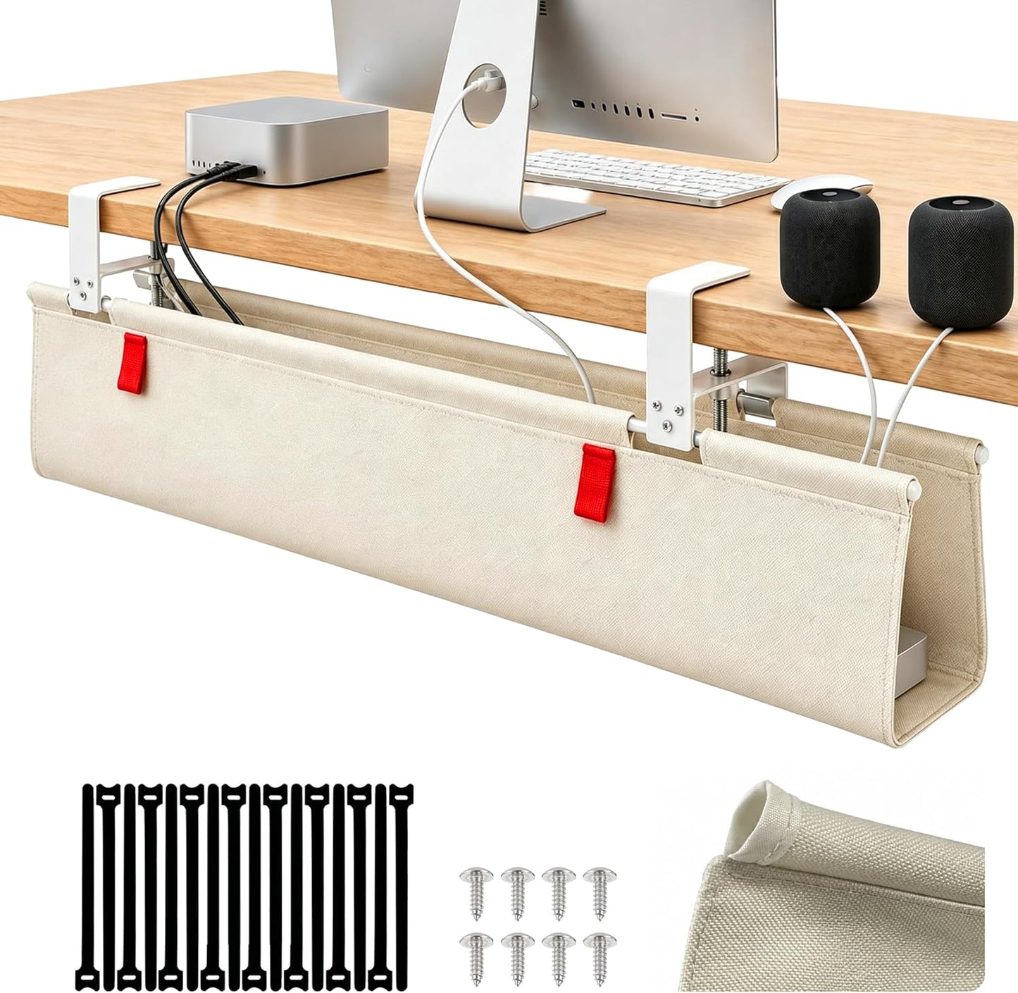 Under Desk Cable Management No Drill – 36" L x 6" W Cord Organizer, Upgraded Silicone Pads (No Scratch), 16 Cable Slots, Washable PE Honeycomb Base, Fits Desks 0–2.1" Thick, Black