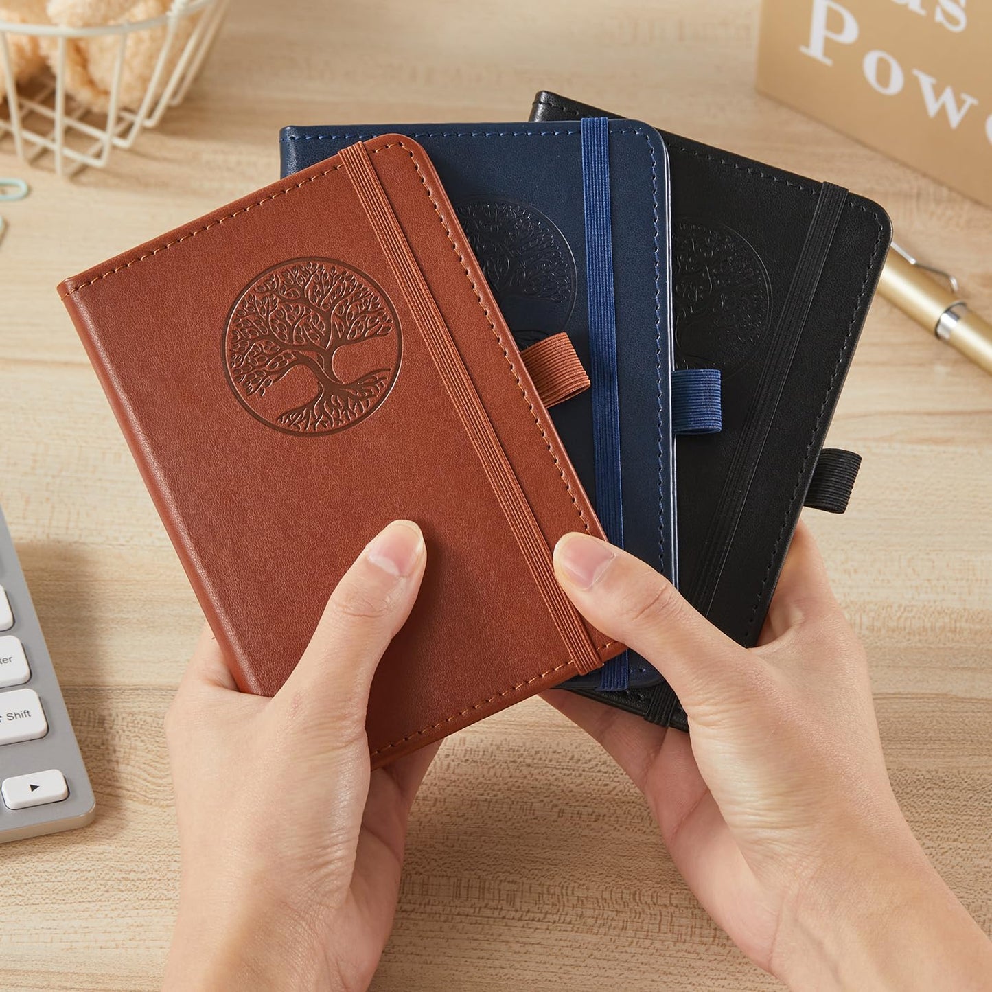 NIRMIRO 3 Pack Pocket Notebook Journals, Small Notepad Notebooks for Note Taking, A6 Mini Note pads with Pen Holder, 408 Lined Pages, 3.7" x 5.7", Black, Brown, Blue