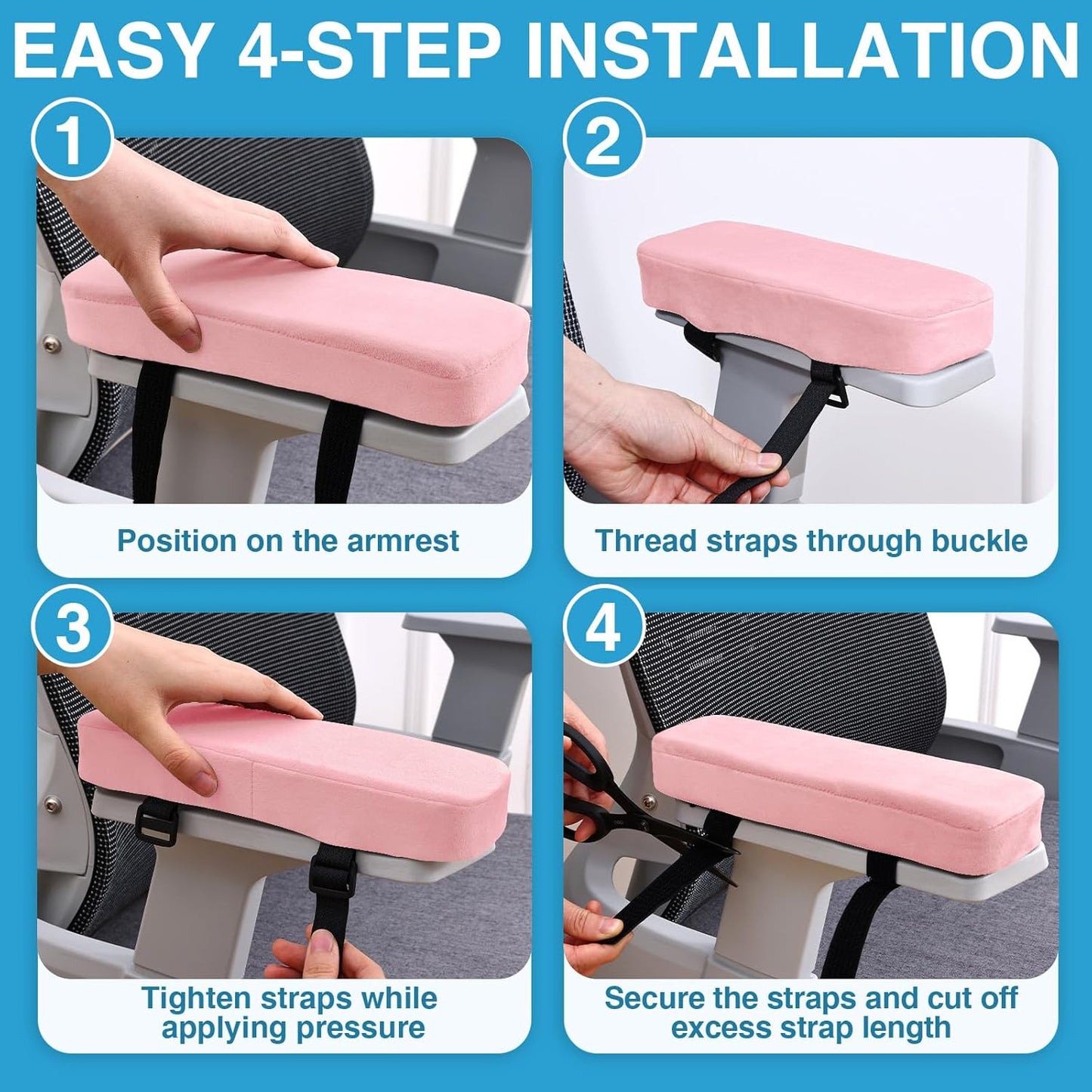 Smiry Ergonomic Office Chair Armrest Pads, Memory Foam Arm Rest Covers, Non-Slip Armrest Cushion with Adjustable Buckles and Straps, Elbow Relief for Desk, Gaming & Wheelchair (Black, Set of 2)