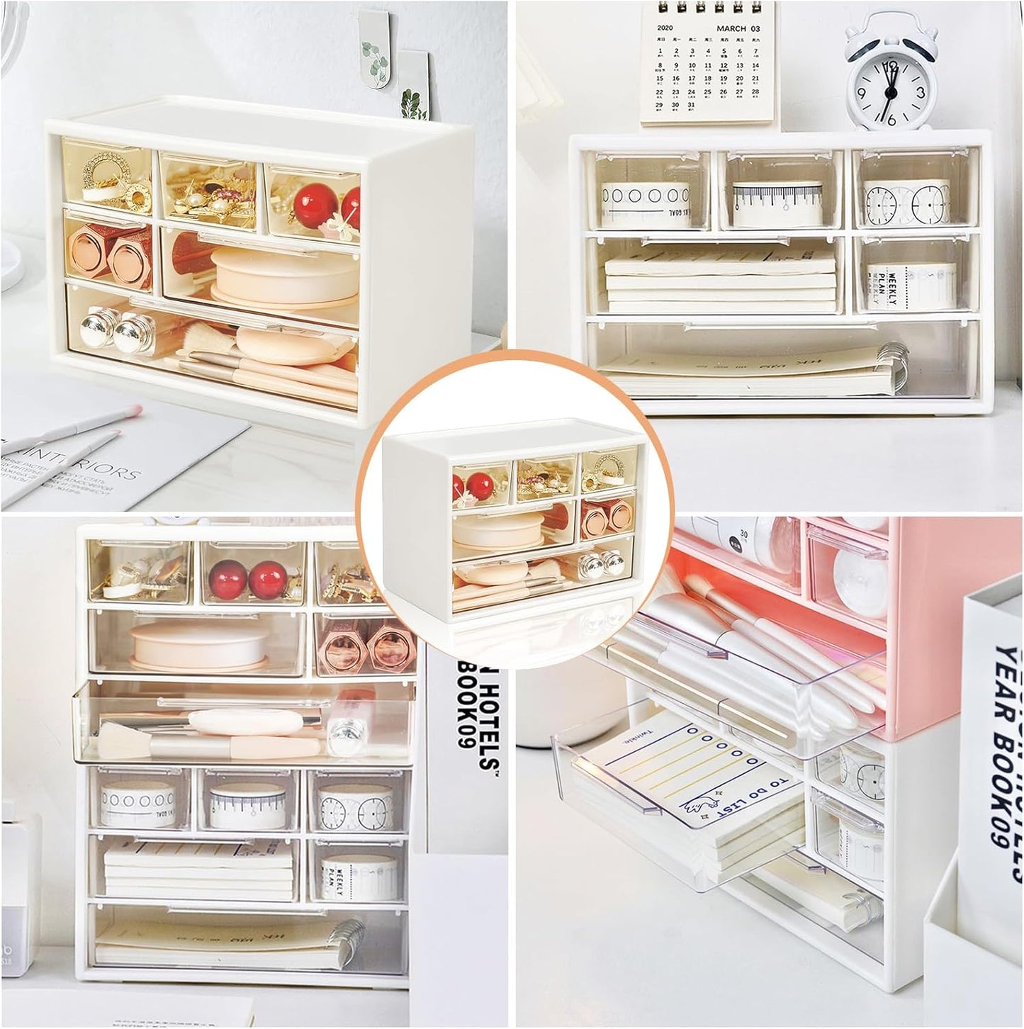 Mini Desk Storage Organizer with 6 Drawers, FODIENS Stackable Desktop Craft Drawer Cabinet, Clear Storage Box Caddy for Makeup Jewelry Office Craft Supplies (White)