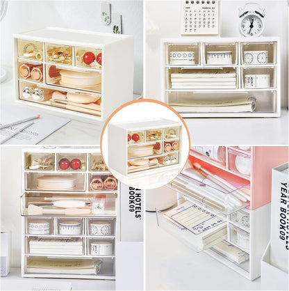 Mini Desk Storage Organizer with 6 Drawers, FODIENS Stackable Desktop Craft Drawer Cabinet, Clear Storage Box Caddy for Makeup Jewelry Office Craft Supplies (White)