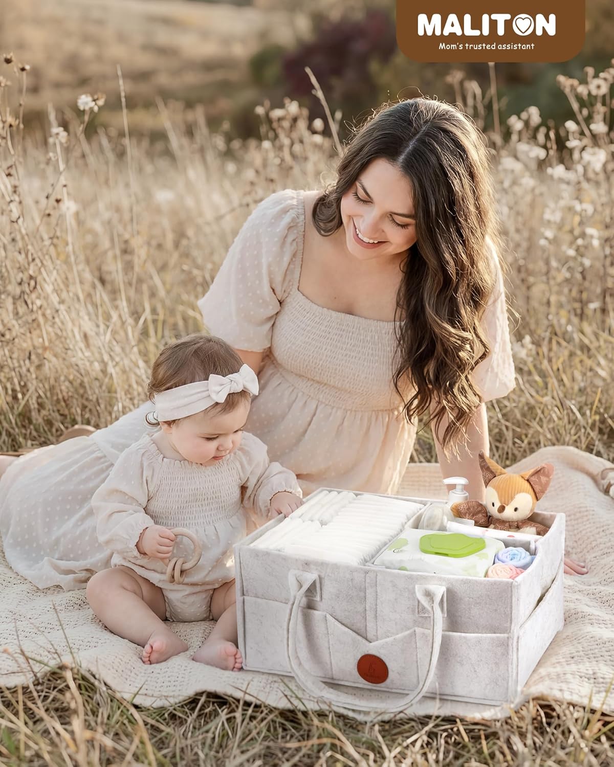 Maliton Baby Diaper Caddy Organizer for Changing Table, Nursery Storage Bin Basket with Handle, Felt Diaper Organizer Suitable for Indoor Outdoor (Khaki)