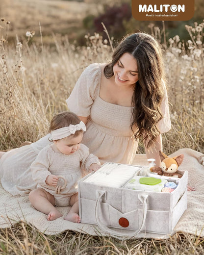 Maliton Baby Diaper Caddy Organizer for Changing Table, Nursery Storage Bin Basket with Handle, Felt Diaper Organizer Suitable for Indoor Outdoor (Khaki)