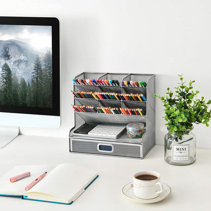 Marbrasse Larger Mesh Desk Organizer with Drawer, Multi-Functional Pen Pencil Holder, Easy Assembly, Desk Organizers and Accessories for Office Art Supplies (Black)
