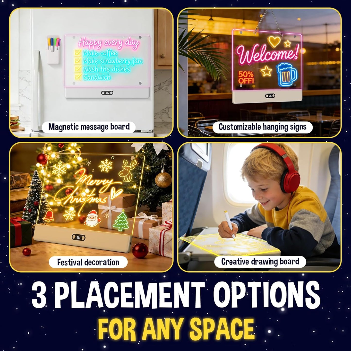 High Grade Led Drawing Board for Kids with 8 Light Effects, 16" Rechargeable Wireless Dry Erase Glow Note Doodle Pad, Acrylic Dry Erase Board with Stand, 2026 Birthday Gifts for Boys & Girls Ages 3–12