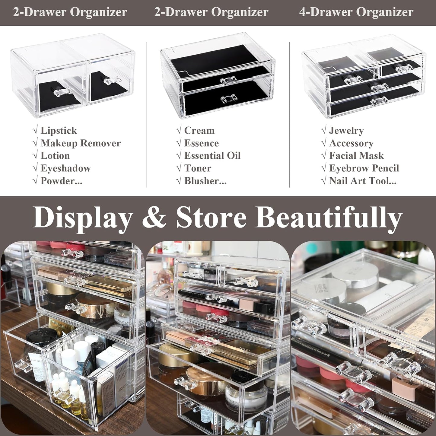 Sea Team Clear Makeup Organizer with Drawers, Acrylic Plastic Cosmetic Display Case, Jewelry Storage Box, Holder for Dresser, Bathroom, Vanity, Countertop (3 Middle Drawers)