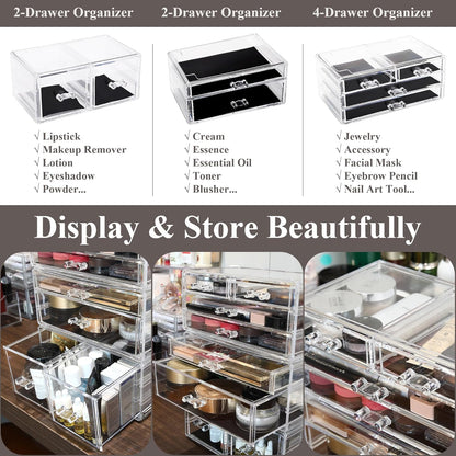 Sea Team Clear Makeup Organizer with Drawers, Acrylic Plastic Cosmetic Display Case, Jewelry Storage Box, Holder for Dresser, Bathroom, Vanity, Countertop (3 Middle Drawers)