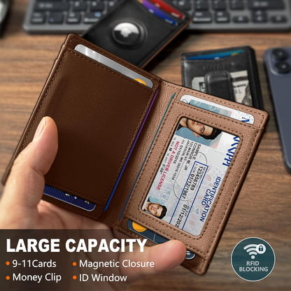 miyozi Airtag Wallet for Men- with Money Clip Gift Boxed, Magnetic Closure Slim Genuine Leather Front Pocket Wallet, 4.1"x 2.8", RFID Blocking