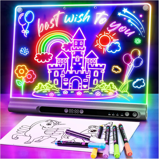 16“ Rechargeable LED Drawing Board, 9-Color Light Modes with Timer & Built-in Stand, Neon Art Dry Erase Glow Up Doodle Note Pad, Sketching Gift Toy for Kids/Girls/Teens, 6 Markers & Tracing Book