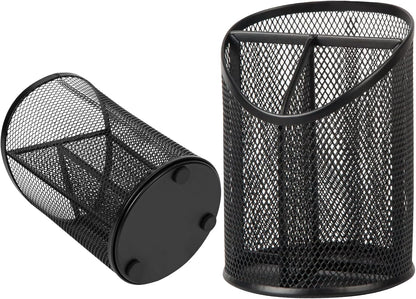 Delifox 2 Pack Pen Holder Mesh Round Pencil Holder Desktop Organizer 3 Compartments, Black