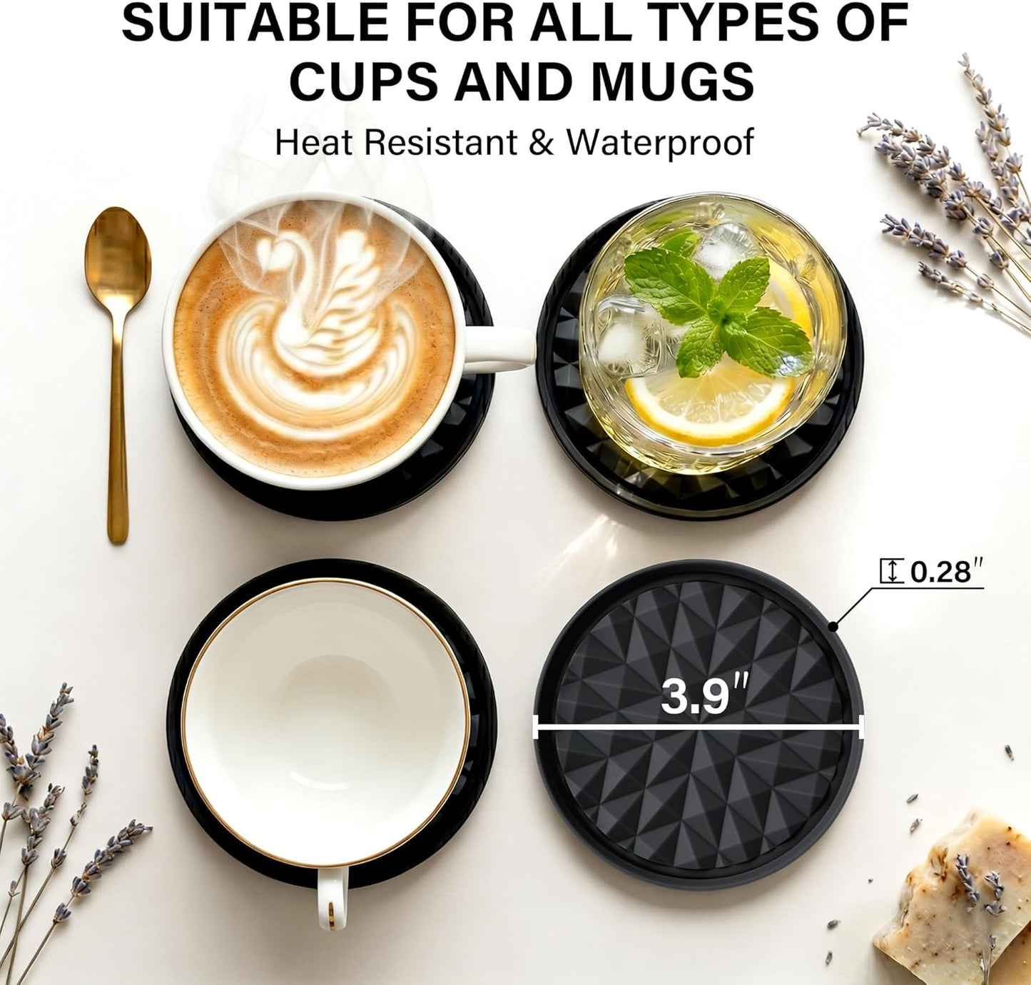 Silicone Coasters for Drinks[4 Pack]- Cup Mat for Tabletop Protection-Non-Slip, Non-Stick, Coffee Table Decor, Great Gift for Any Occasion, Black