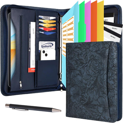 Leathario Portfolio Binder, Includes 10 Sheet Protectors and 3 Notepads, 3-Ring Folder Organizer, A4 Padfolio with Zipper, Vegan Leather Tablet Sleeve, Business Office Conference Clipboards