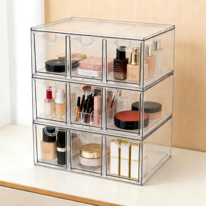 Prsildan Acrylic Drawer Makeup Organizer with 6 Drawers (Not for Baby Bottle), Set of 2 Office Desk Organizers Accessories, Clear Stackable Storage Drawers for Vanity, Craft (Largest Drawer 4" Tall)