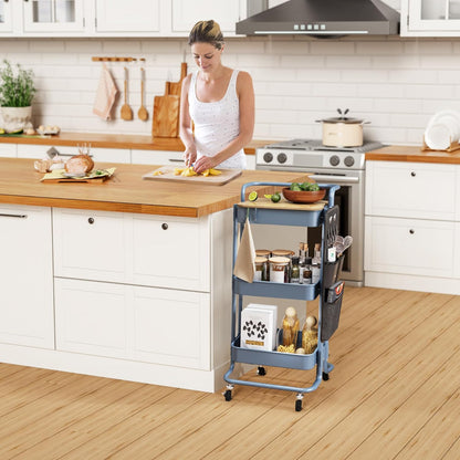 DTK 3 Tier Metal Utility Rolling Cart with Table Top and Side Bags, Tray Storage Organizer Wheels, Art Craft 4 Hooks for Kitchen Bathroom Office Living Room (Black)