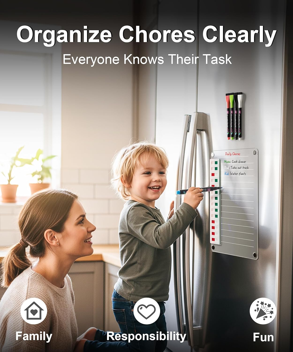 Magnetic Acrylic Dry Erase Board for Fridge, to Do List White Board with Sliding Buttons, 12"X8.2" Clear Chore Chart for Adults, Reusable Refrigerator Whiteboard Includes 5 Markers (White Line)
