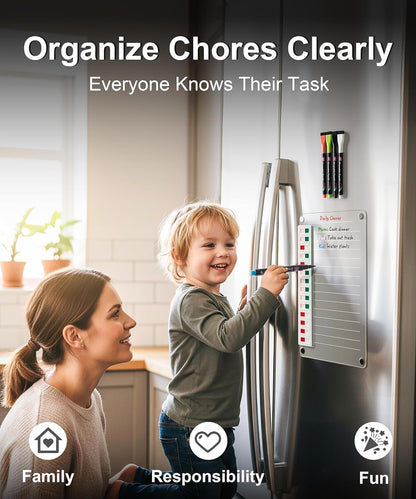 Magnetic Acrylic Dry Erase Board for Fridge, to Do List White Board with Sliding Buttons, 12"X8.2" Clear Chore Chart for Adults, Reusable Refrigerator Whiteboard Includes 5 Markers (White Line)
