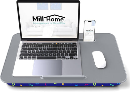 Lap Desk with Cushion, Fits up to 17 inch Laptop, Pillow Designed, Portable Laptop Stand with Tray, Pad & Phone Holder, Home Office for Bed/Couch/Car/Reading/Writing,MillHome (Black)