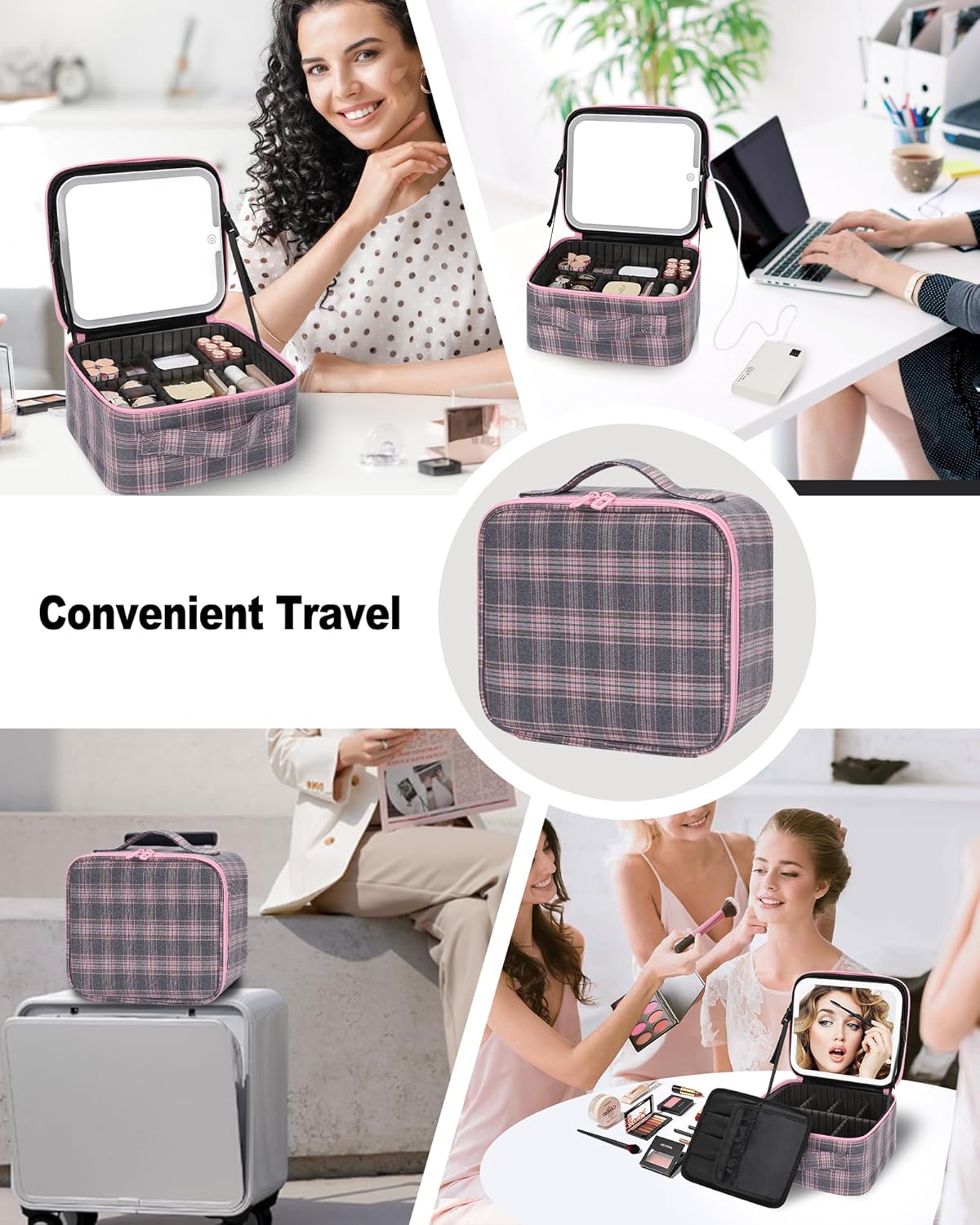 Relavel Travel Makeup Bag With LED Mirror, Cosmetic Train Case with Light up Mirror, Portable Makeup Artist Organizer Bag with Adjustable Dividers, Makeup Brush Holder Storage, Black