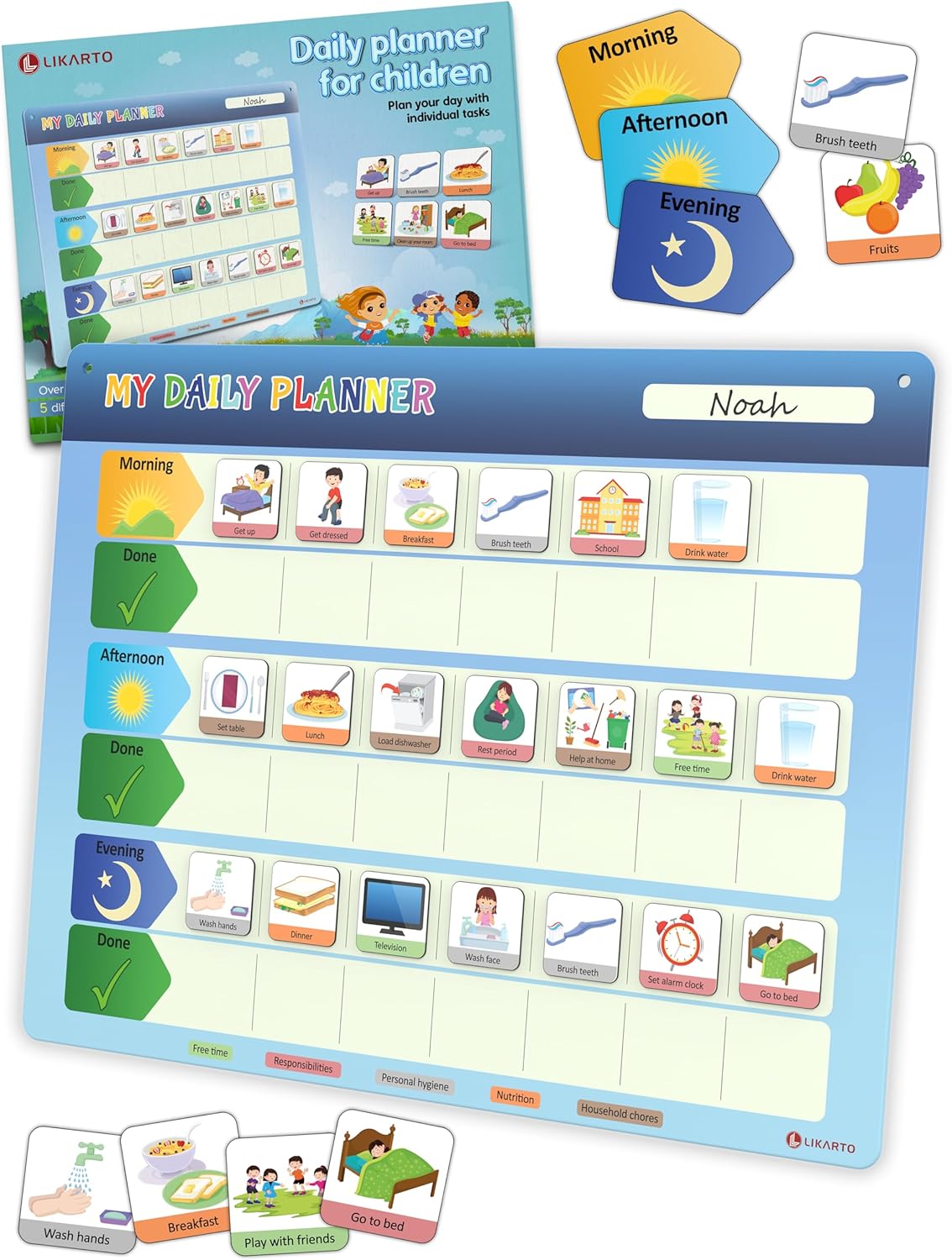 LIKARTO® Weekly Planner for Children - Montessori Magnetic Board incl 194 Magnets & Cord - Fully Writable & Wipeable - Encourages Independence