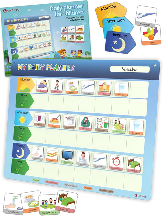 LIKARTO® Weekly Planner for Children - Montessori Magnetic Board incl 194 Magnets & Cord - Fully Writable & Wipeable - Encourages Independence