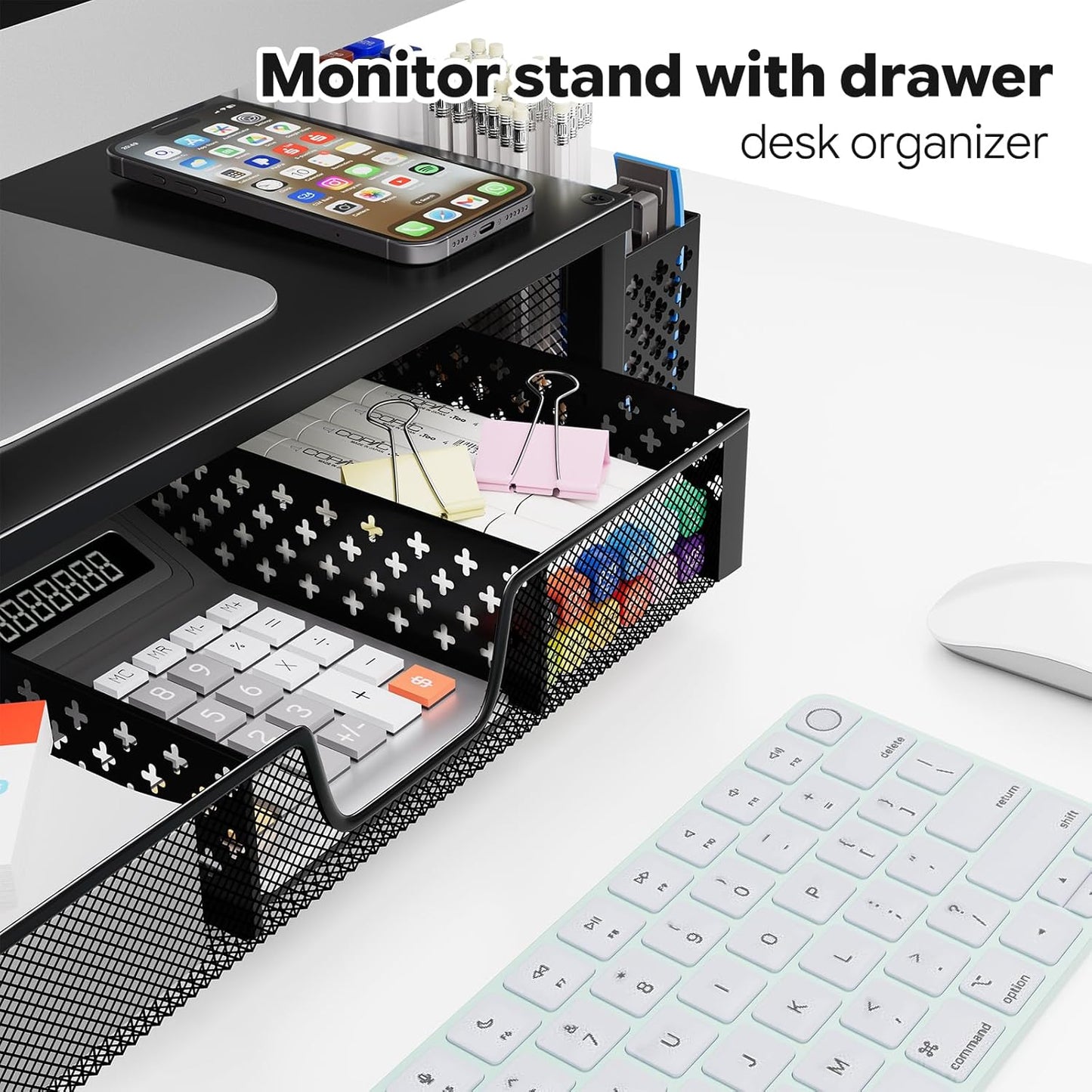 Simple Trending Desk Organizer and Accessories, 2 Tier Computer Metal Monitor Stand Riser with Drawer and Pen Holder for Laptop, Computer, iMac, Black