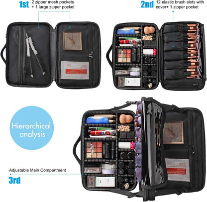 Relavel Makeup Case Large Makeup Bag Professional Train Case 16.5 inches Travel Cosmetic Organizer Brush Holder Waterproof Makeup Artist Storage Box, 3 Layer Large Capacity, with Adjustable Strap