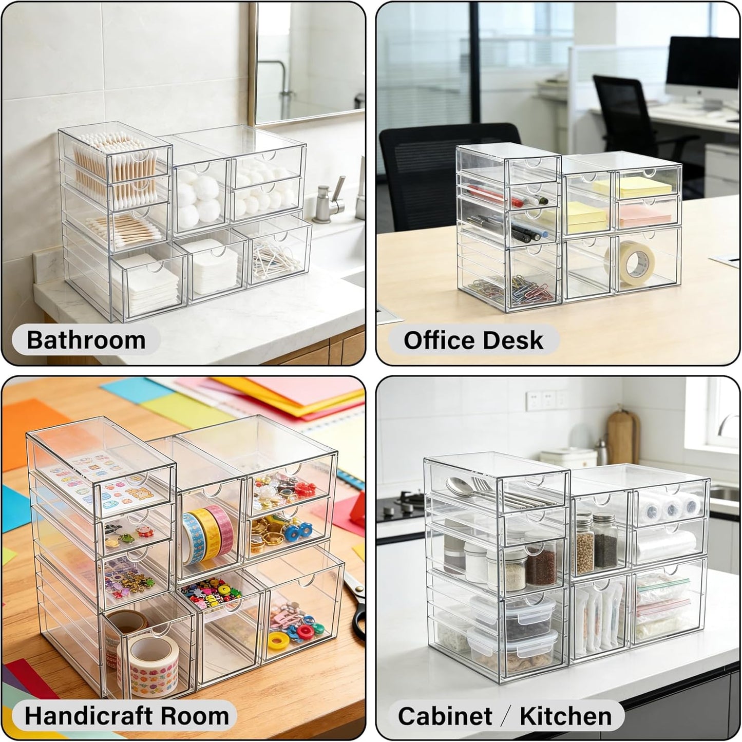 Prsildan Acrylic Drawer Makeup Organizer with 6 Drawers (Not for Baby Bottle), Set of 2 Office Desk Organizers Accessories, Clear Stackable Storage Drawers for Vanity, Craft (Largest Drawer 4" Tall)